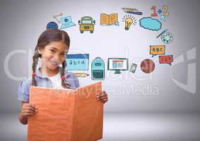 Young girl with book and education graphic drawings