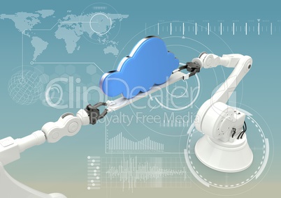 White robot claws with blue clouds against white interface and blue background