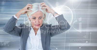 Stressed older woman with technology interface background