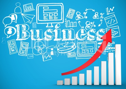 Red arrow and bar chart with white business doodles against blue background
