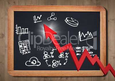 Red arrow and white business doodles against chalkboard and wall