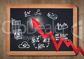 Red arrow and white business doodles against chalkboard and wall