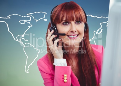 Travel agent at computer against white map and blue green background