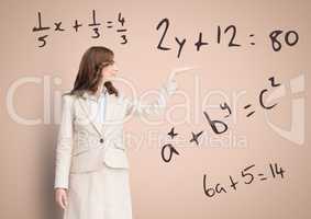 Woman with open palm hand with math equations