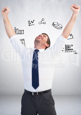 Businessman joyful celebrating with charts Business graphics drawings