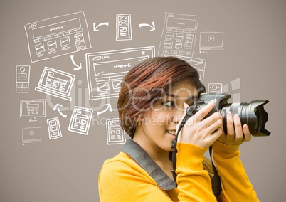 Woman with camera and image computer drawings graphics