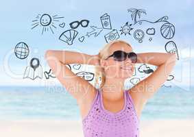 Woman on beach with holiday graphics drawings