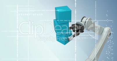 White robot claw holding blue boxes behind white interface against blue background