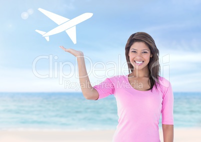 Woman with open palm hand under plane holiday icon on beach