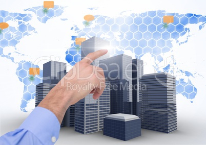 hand pointing touching City with world map