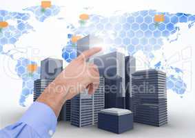 hand pointing touching City with world map
