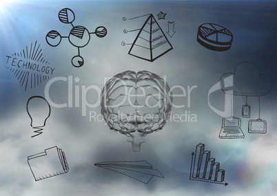 Transparent brain with black business doodles against cloudy sky