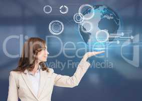 Woman with open palm hand under world earth globe interface