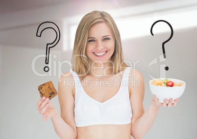Woman choosing or deciding food with open palm and question mark icons