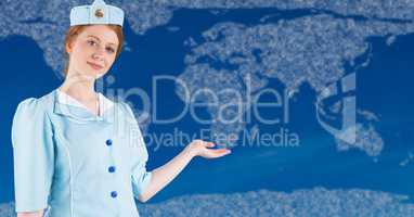 Stewardess with hand out against map with clouds and blue background
