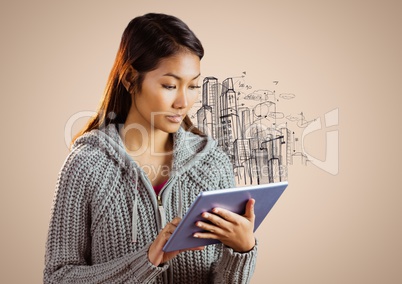 Woman with tablet against sketch and cream background