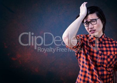 Upset disappointed man against blue background