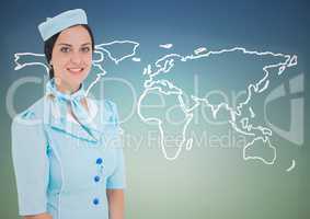 Stewardess against white map against blue green background