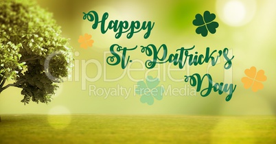 Patrick's Day graphic against green grass and tree