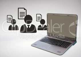3D Laptop against grey background with business people icons and files
