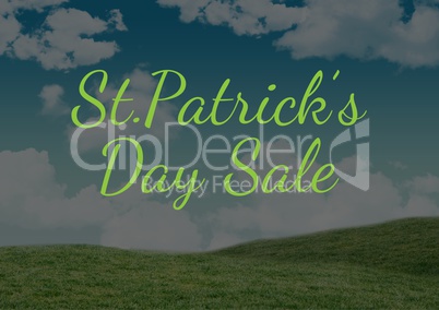 Patrick's Day graphic against sky and grass with grey overlay
