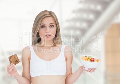 Woman choosing or deciding food with open palm