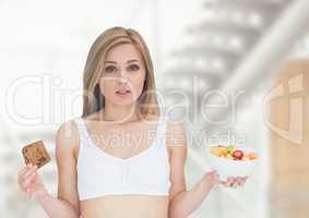 Woman choosing or deciding food with open palm