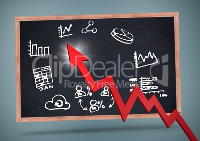 Red arrow and white business doodles against chalkboard and grey background