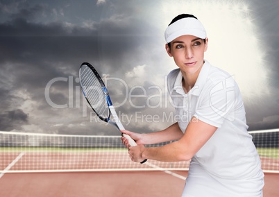 Tennis player on court with bright light and dark clouds