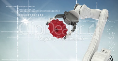 White robot claw red cog against white interface, cloud, flare and blue background