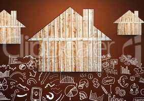 Wooden houses against brown background with drawings of plans and charts