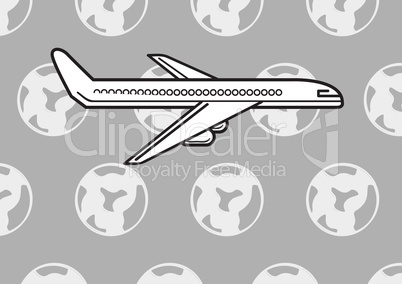Plane icon against grey background with world icons pattern