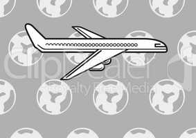 Plane icon against grey background with world icons pattern