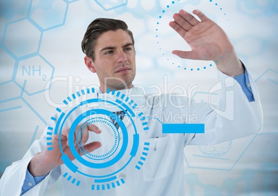 Man in lab touching blue interfaces against blue medical interface and grey background