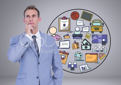 Businessman thinking with creative business graphic drawings