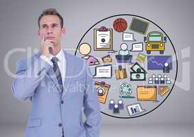 Businessman thinking with creative business graphic drawings