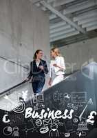 Two business women on stairs with white business doodles