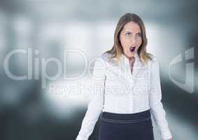 Shocked disgusted woman against grey background