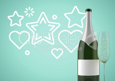 3D Bottle of wine with champagne glass against green background with stars and hearts illustrations