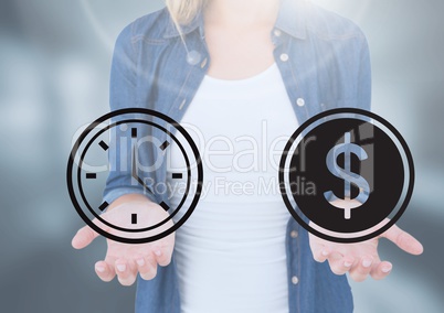 Womans open palm hands holding time and money dollar icons