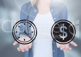 Womans open palm hands holding time and money dollar icons