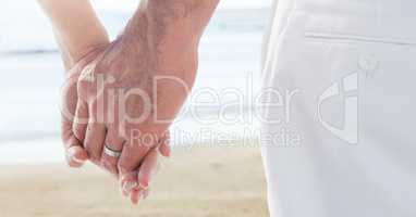 Wedding coupe holding hands by sea
