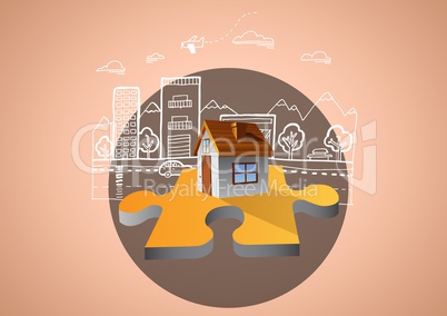 House illustration on jigsaw in circle againt brown background with street town illustration drawing