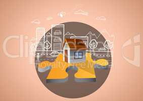 House illustration on jigsaw in circle againt brown background with street town illustration drawing