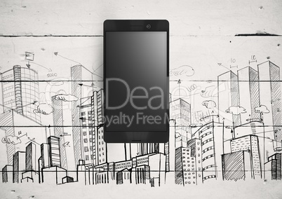Phone against white wood background with City buildings drawings