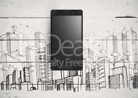 Phone against white wood background with City buildings drawings