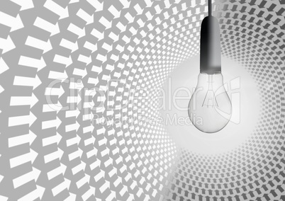 3D bulb in front of grey spiral of arrows