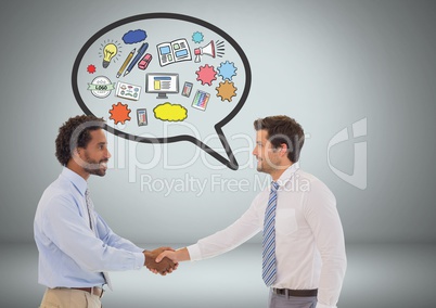 Business men shaking hands with speech bubble of business graphic drawings
