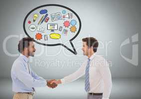 Business men shaking hands with speech bubble of business graphic drawings