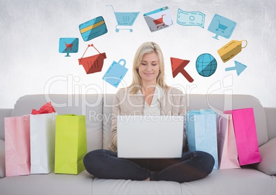 Woman on couch with shopping bags and online shopping graphic drawings